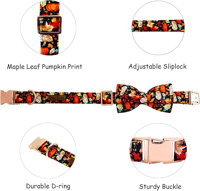 Fall Dog Collar, Leaf Pumpkin Print Adjustable Pet Collar Cute Cotton Soft Collars with Bow Tie Metal Buckle Holiday Puppy Collars Boy&Girl Gift for Small Dogs