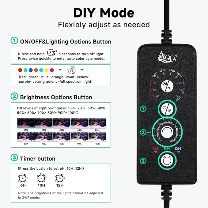 AQQA LED Aquarium Light, 24/7 Mode IP68 Waterproof Extendable Bracket Fish Tank Light, DIY Mode Full Spectrum Aquarium Plant Light, Adjustable Timer/Brightness Memory Function for 32-40 Inch Fish Tank