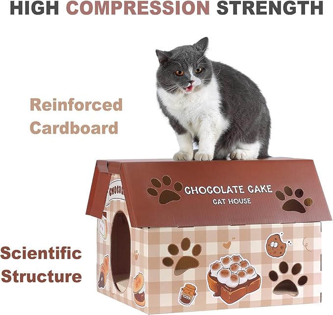 Cardboard Cat House with Scratcher - Chocolate Cake Carton Cat Box - 18''L x 15.5''W x 14''H for Cats up to 20 Lbs, Sturdy Kitty Playhouse & Hideaway - Indoor Feline Scratch Toy