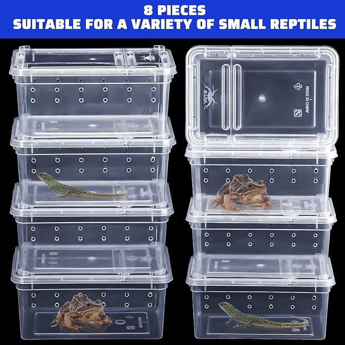 Irenare 8 Pcs Reptile Breeding Box Plastic Spider Terrarium Tarantula Feeding Box for Bearded Dragon Lizard Spider Gecko Scorpion(Vent Holes,Clear,5.9 x 3.9 x 2.5 Inch)