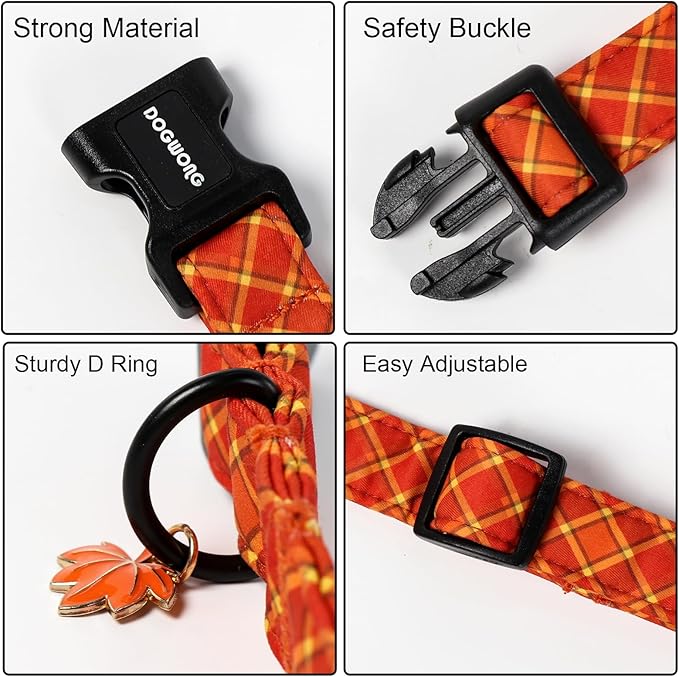 DOGWONG Fall Plaid Dog Collar, Cherkered Autumn Dog Collars, Adjustable Cute Halloween Pet Collars Design Dog Collar for Small Medium Large Dogs