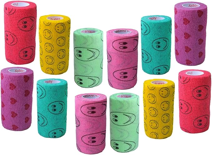 Prairie Horse Supply 3 Inch Vet Wrap Tape Bulk (Assorted Patterns) (Pack of 12) Self Adhesive Adherent Adhering Flex Bandage Grip Roll Dog Cat