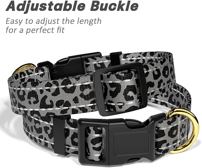 Reflective Dog Collar for Large Dogs, Cute Leopard Style Adjustable Heavy-Duty Nylon Puppy Collar for Boy and Girl Female, Soft Pet Accessories with Quick Release Buckle, Gray