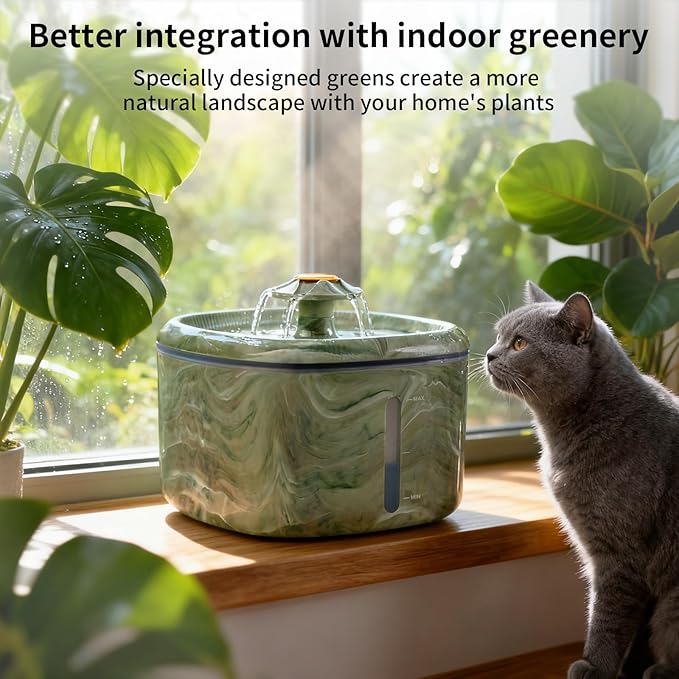 Cat Water Fountain,2.5L/84oz Cat Fountain for Drinking with Rotating Attractor & Camouflage Green Design – Automatic Pet Water Dispenser Bowl with 8-Pack Replaceable Filters
