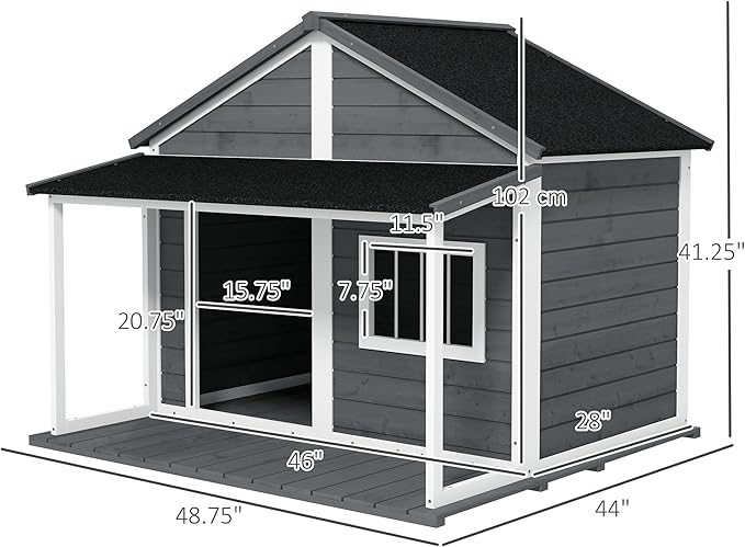 PawHut Outdoor Dog House Cabin Style, Wooden Raised Pet Kennel with Asphalt Roof, Front Door, Side Window, Porch for Medium and Large Dogs, Gray