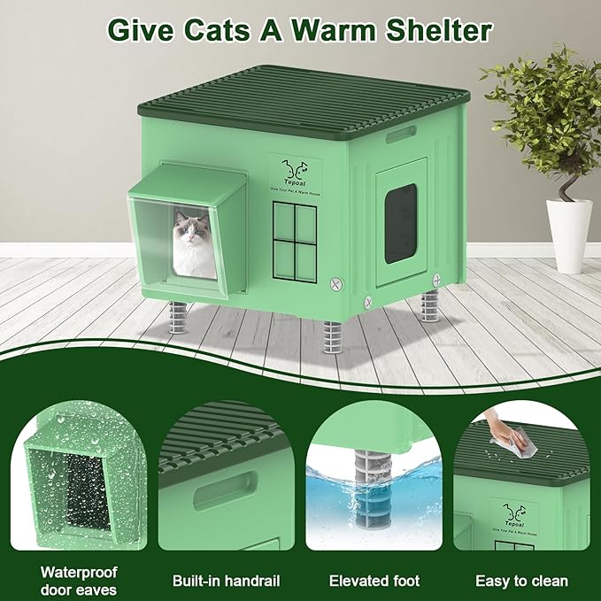 Tepoal Plastic Heated Cat House for Outside Winter, 100% Weatherproof & Insulated Outdoor Feral Cat Shelter with Safety Escape Door, Stackable Cat House with Heater for Barn Cat, Green 17.7"x17"x17.5"