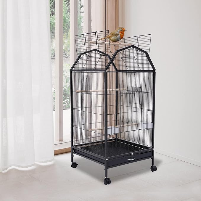 Large Bird Cage with Stand, “18 x 18 x 40” Black Metal Flight Bird Cage for Parrots, Cockatoos, Parakeets, and Small Birds, 5 Doors and Wheels, Includes Feeding Cups