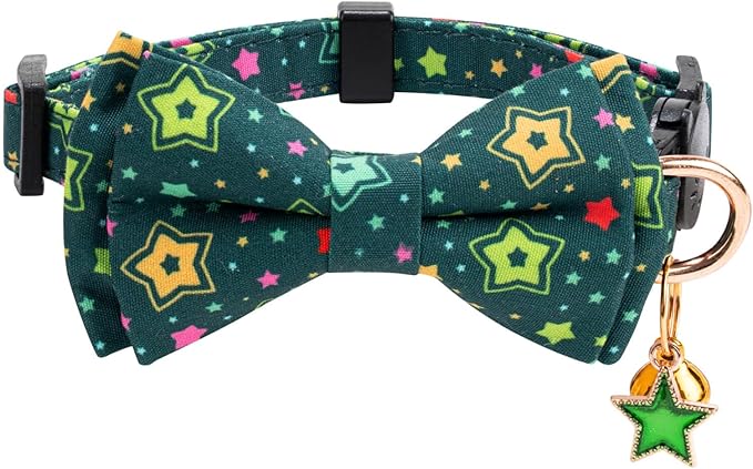 2 Pack Cotton Cat Collar with Bow Tie and Bell for Girl Boy Cats,Cute Pink Flamingo and Blue Whale Pattern Spring Summer Breakaway Cat Collar for Male Female Cats (Star&Moon)
