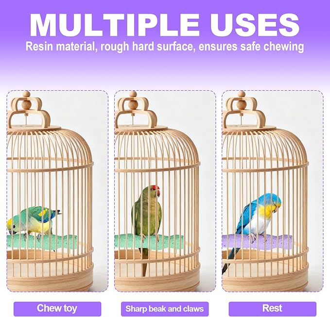 2pcs Bird Beak Grinding Stone, Resin Anti-Slip Beak Grinder Stone Bird Nail Trimming Claw Trimmer Perches Parrot Cage Stand Toys for Budgie Cockatiel Conure Parakeet Cage Accessories (Green, Purple)