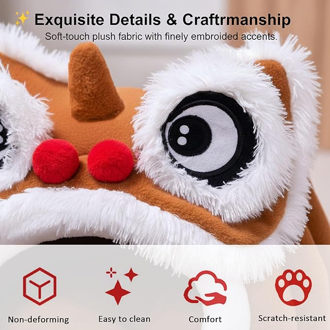 Cute Lion Head Pet Beds for Cats, Chinese Lion Dance Lion Cats Bed, Soft Cozy Plush Cat House & Dog Cave with Cushion for Small Medium Cats Dogs (Brown,M)