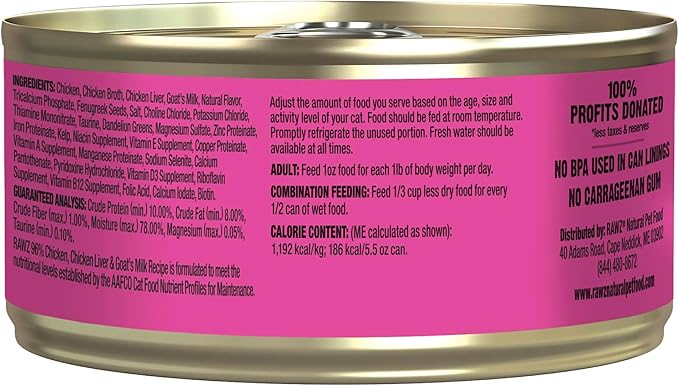 Rawz Natural Premium Pate Canned Cat Wet Food - Made with Real Meat Ingredients No BPA or Gums - 5.5oz Cans 24 Count (Chicken & Chicken Liver with Goats Milk)