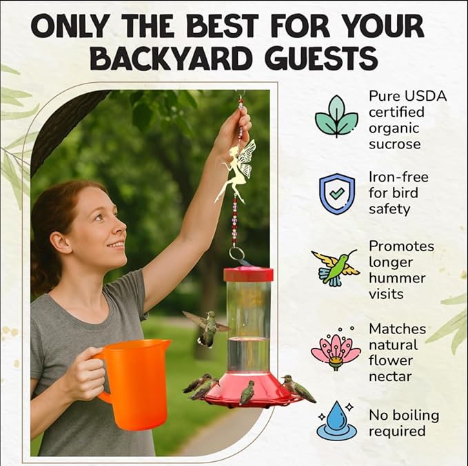 USDA Organic Hummingbird Nectar, Iron-Free, 12 x 8oz Concentrate Pouches, All-Natural, Dye-Free Nectar for Backyard Feeders, Bulk Hummingbird Food Mix for Outdoor Bird Lovers