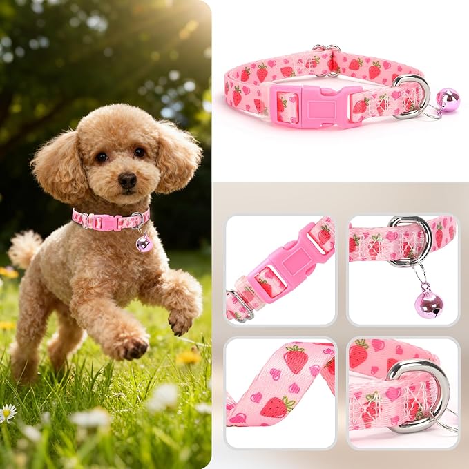 XS Dog Collar with Bell - Durable Nylon Collar for Small Breeds,Adjustable Cute Fruit Pattern Collar for Chihuahua Pomeranian Yorkie, Heavy-Duty for Active Puppies（Pink Strawberry XS）