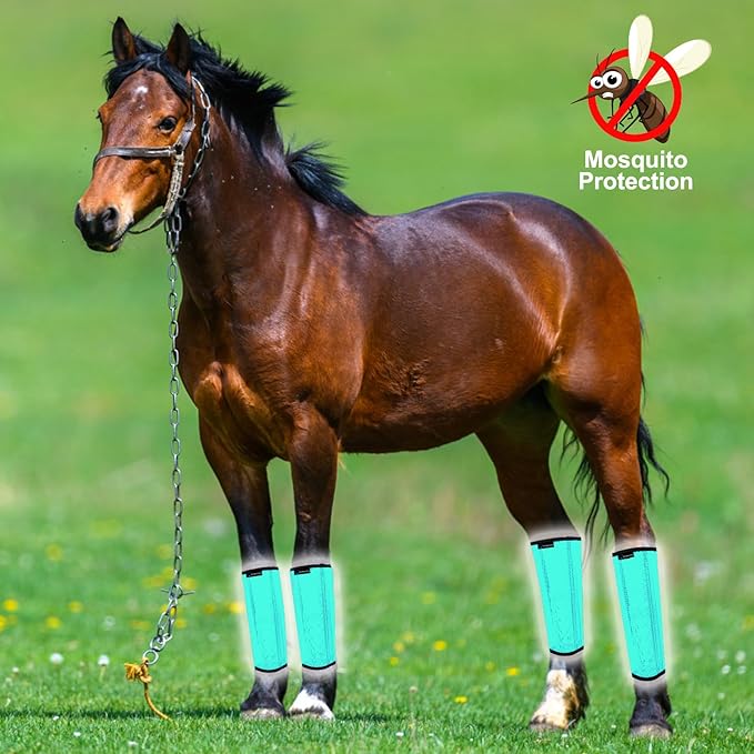FOXLVDA Horse Fly Boots - Fly Boots for Horses Set of 8, Comfortable Horse Leggings, Mesh Material Design with Metal Support Bars for Reduces Stomping & Leg Fatigue (Green-Rose, Large)