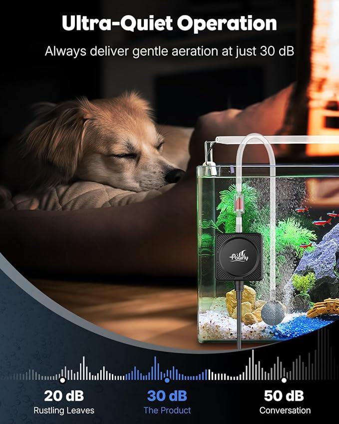 Pawfly Mini Aquarium Air Pump, Ultra Quiet Oxygen Aerator Kit for 1-15 Gallon Fish Tanks with Air Tubing, Air Stone, Check Valve & Suction Cups