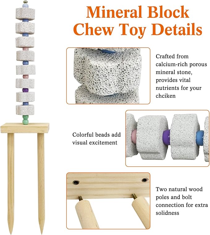 Hamiledyi Chicken Chewing Toy Chicken Coop Accessories with Calcium Stone & Wood Stake Enrichment Toys for Hens, Ducks, Geese, Cockatiel, Parakeet, Parrot, Budgie