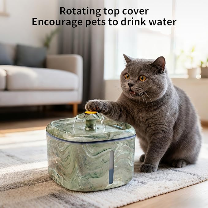 Cat Water Fountain,2.5L/84oz Cat Fountain for Drinking with Rotating Attractor & Camouflage Green Design –Automatic Pet Water Dispenser Bowl with 2-Pack Replaceable Filters