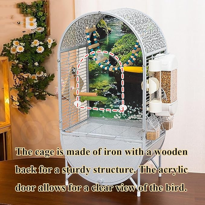 Dometop Bird Aviary with Transparent Door, Wrought Iron Bird Parrot Cage, Indoor Aviary for Small Parrots Parakeets Cockatiels (White)