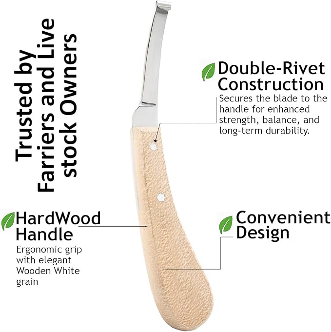 Premium Narrow Blade Farrier Hoof Knife – Professional Hoof Trimming Tool with Wooden Handle & Stainless Steel Blade (White Handle)