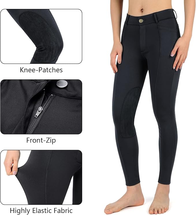 beroy Kids Horse Riding Knee-Patches Pants Girls Equestrian Front-Zip Breeches Legging with Pockets