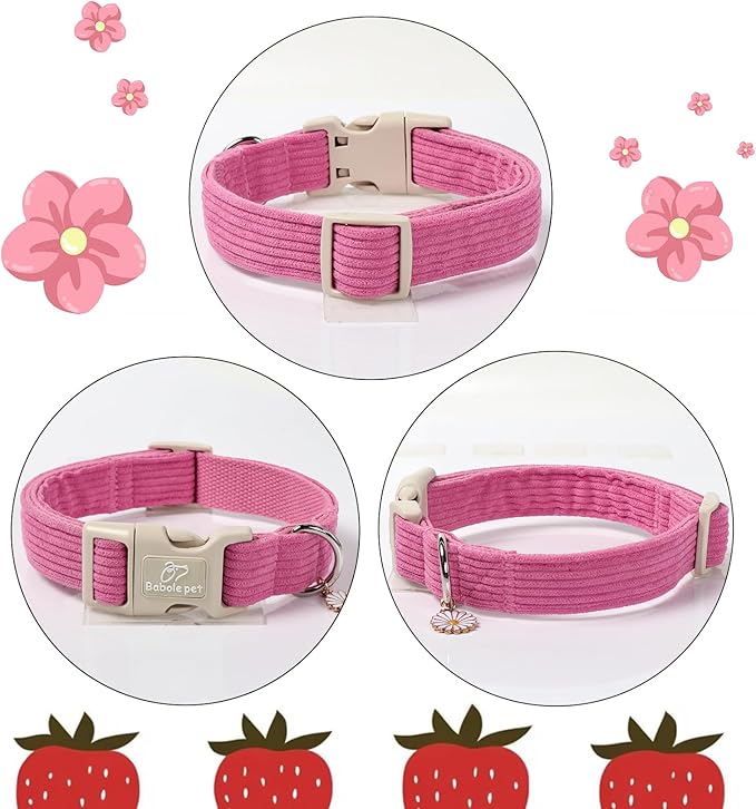 Cute Corduroy Dog Collar - Deep Rose Adjustable Dog Collars for Large Dogs 50-80lbs, Fade-Proof with Secure Snap & Little Charm, Christmas Birthday Gift, L