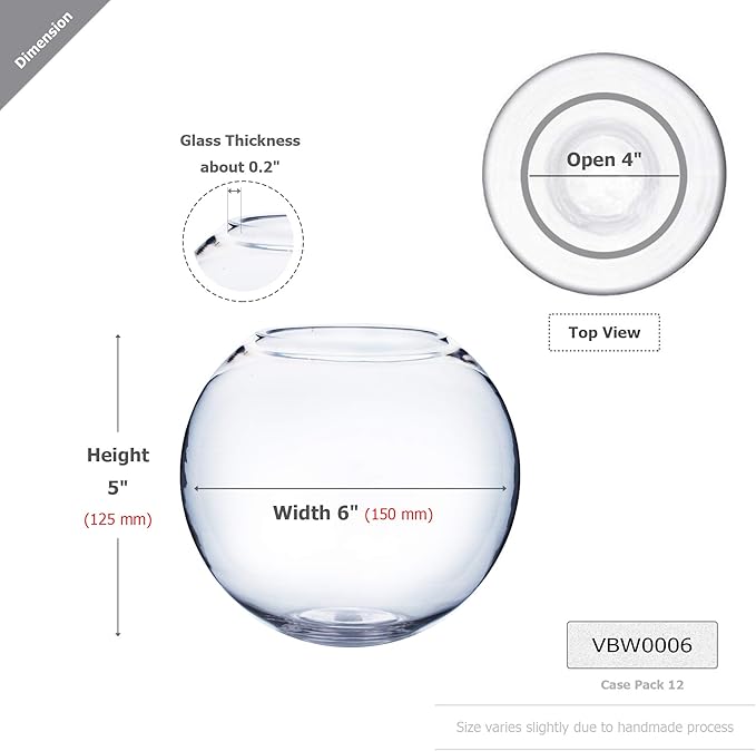 WGV Bowl Glass Vase Bulk, Diameter 6", Height 5", Open Width 4", (Multiple Sizes Choices) Clear Bubble Planter Terrarium Fish Bowl for Wedding Event Home Decor, 12 Pieces (VBW0006)