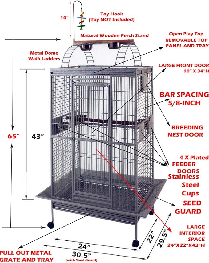4 Size, Castle PlayTop Parrot Cage for Large Macaws Cockatoos African Grey Amazon (24" x 22" x 63"H)