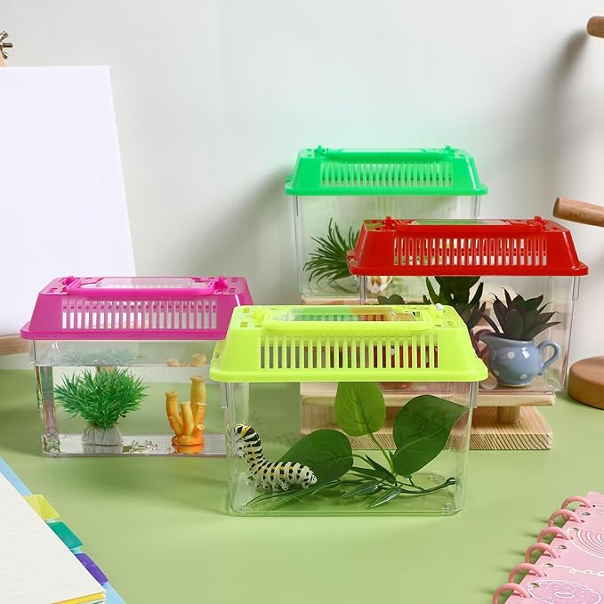 4pcs Mini Portable Fish Tank Plastic Turtle Fish Tank Transparent Pet Breeding Cage Acrylic Reptile Cage Reptiles Feeding Box Hamster Turtle Cage for Small Pets