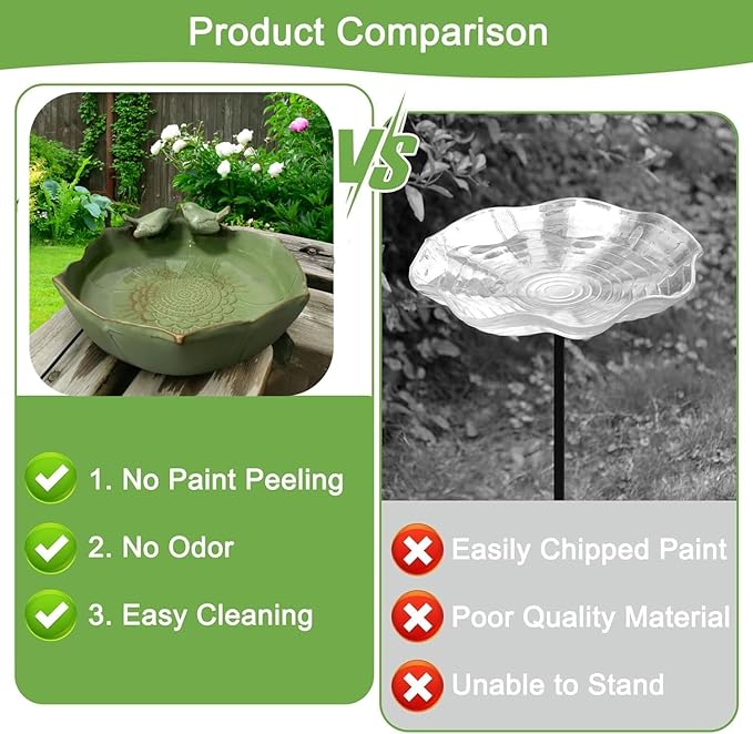 Bird Bath for Outside on Ground, 10 in Ceramic Birds Bath Bowl, Handmade Ground Bird Feeders and birdbath for Outdoors for Outdoors, Garden, Tabletop, Balcony and Lawn (Big - deep)
