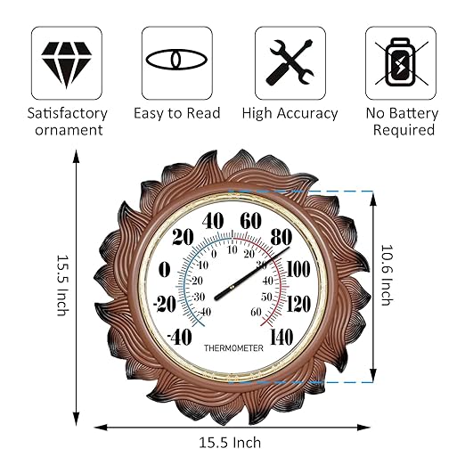 Indoor Outdoor Thermometer Large 15 Inch Wall Thermometer Waterproof Does not Require Battery (Brown)