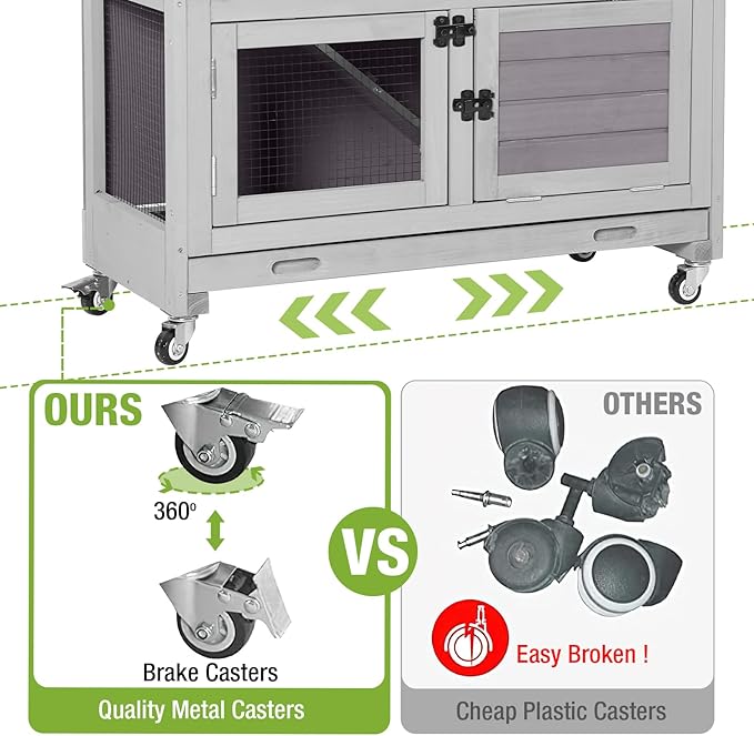 Rabbit Hutch Indoor, 36'' Bunny Hutch Outdoor, Mobile Rabbit Cage with Wheels, 2-Story Bunny Cage with 2 Pull Out Trays, Wooden Guinea Pig Cage (Grey)