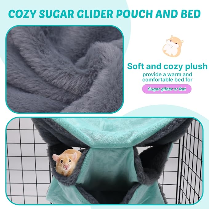 LYART Sugar Glider Pouch Hammock Bed Bedding, Sugar Glider Cage Accessories Toys for Rat, 3-Layer Hammock Make Pet Cages More Three-Dimensional (2.Mint)