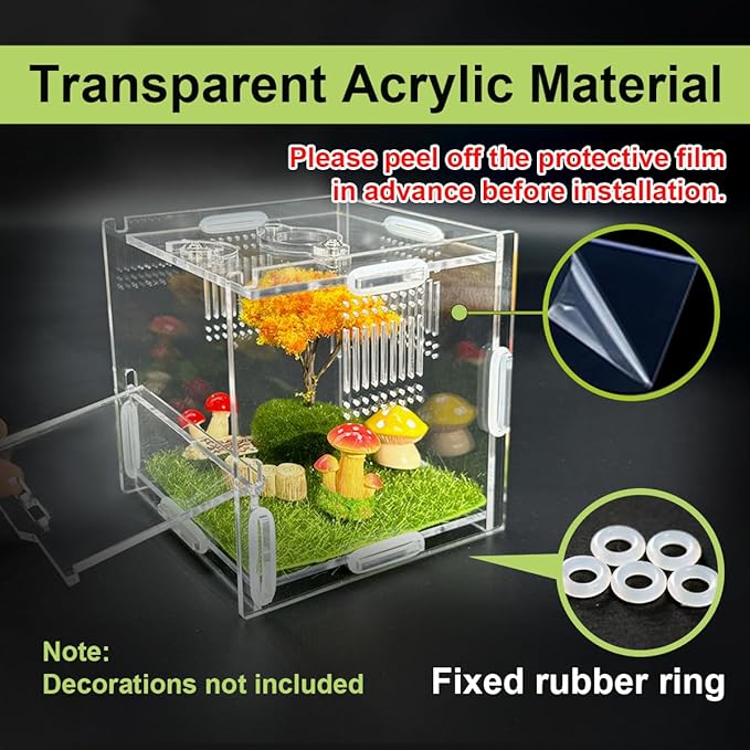 Jumping Spider Enclosure, 4" X 4" X 4" Acrylic Spider Habitat, Front Opening Small Reptile Terrarium with Matrix Ventilation Holes & Feeding Holes, for Jumping Spider Snail Insect