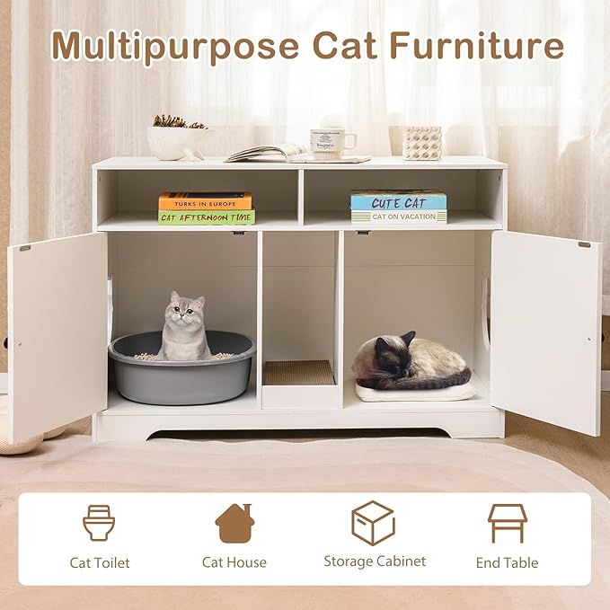 PETSITE White Double Litter Box Enclosure, 43 Inch Modern Cat Hidden Litter Box with Shelves, Double Rooms, Scratching Board, and 2 Sisal Mats, Indoor Wooden Kitten House End Side Table