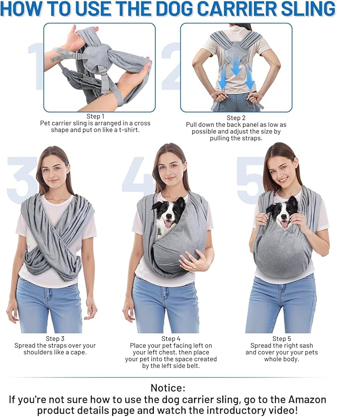 Dog Sling Carrier for Small Dogs, Front Pet Sling Carrier Chest, Adjustable Reducing Back Stress Cat Sling for Small Pet up to 20lbs, Hands Free Puppy Sling for Travel or Everyday Use (Light Grey)
