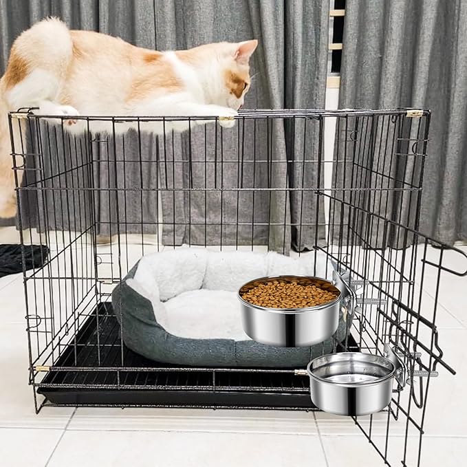 2 Pcs Small Pet Dog Food Water Bowl for Cage Stainless Steel Non-Spill Kennel Hanging Cats Pets Bowls with Clamp Holder Crate Feeder Dish for Small Dogs Pets (4.7x1.9'' & 3.9x1.7'')