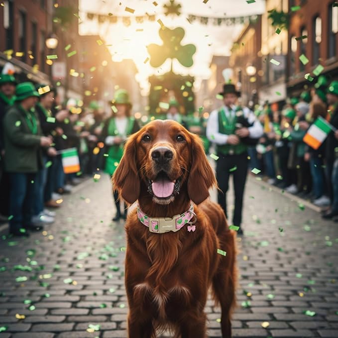 St. Patrick's Day Dog Collar,Pink Bow with Green Clover Puppy Collar,Adjustable Spring Cotton Collars Gifts for Small Medium Large Dogs,Dog Accessories S