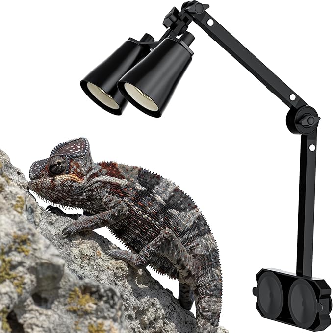 Dual Reptile Lamp Stand with Suction Cups, Adjustable Bracket for Terrariums, Dual‑Head Heat & Basking Lamp Holder with Ceramic Sockets and Separate Switches