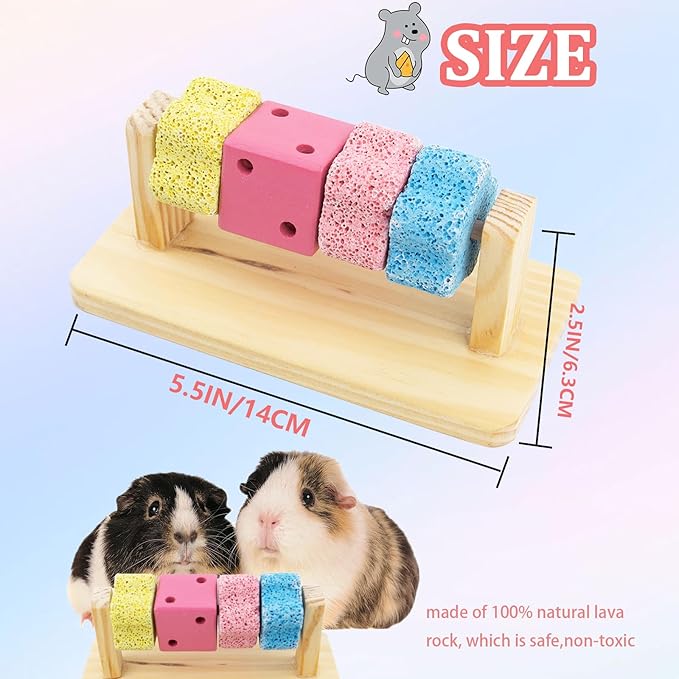 Guinea Pig Chew Toys for Teeth, Natural Hamster Lava Grinding Stone, Adds Calcium to Diet, Rotating Rat Enrichment Toys Wood Stand for Syrian & Dwarf Hamsters, Rats, Guinea Pig, Chinchillas
