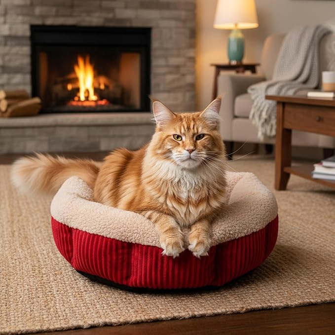 4 Pack Cat Bed Bulk 20in Self Warming Pet Beds for Small Cats Dogs Washable Red Round Donut Calming Bed with Anti-Slip Bottom Pet Gift Winter for Small Medium Cats and Dogs Puppy Kitten