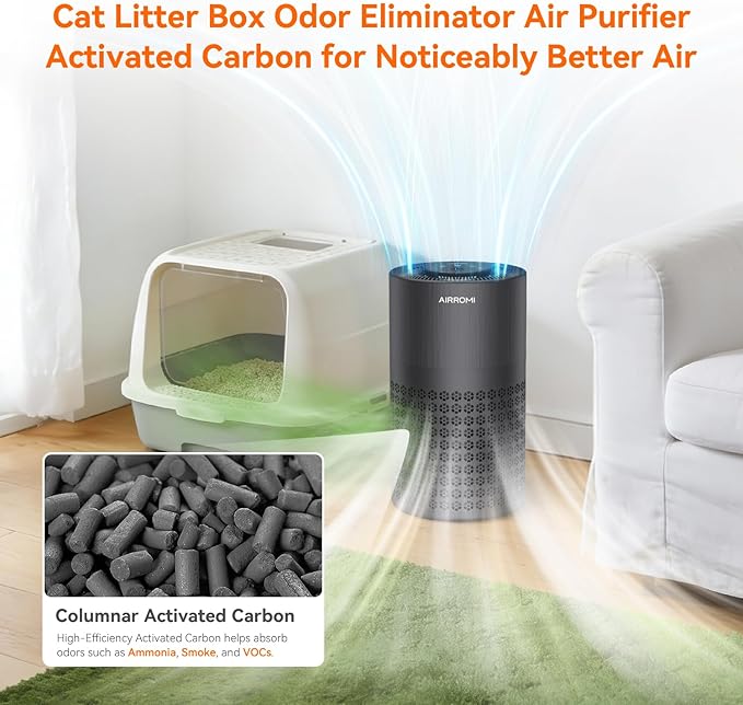 AIRROMI Air Purifier for Bedroom with HEPA 3-in-1 Filter, Pet Air Purifier for Home Cat Pee Smell, Covers Upto 990 Ft², Quiet 360°intake Air Cleaner for pet hair,allergies,Dust,Smoke A2001 Black