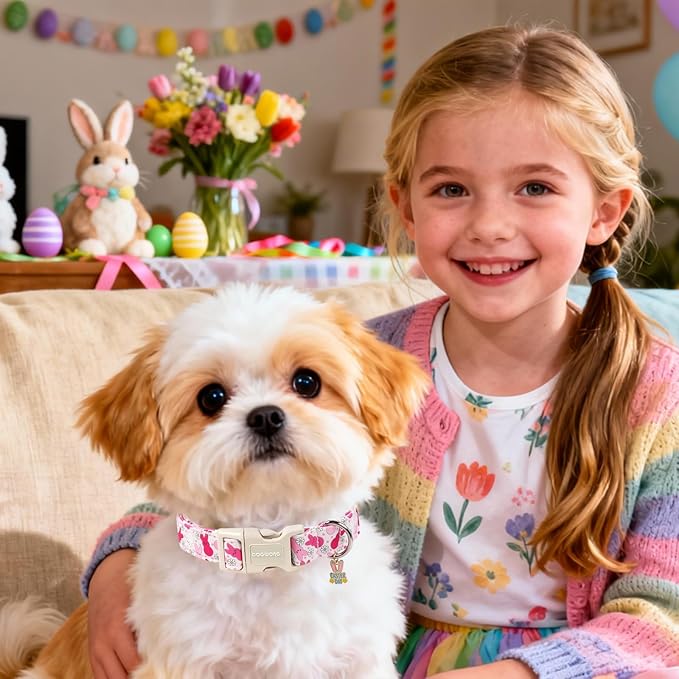 DOGWONG Easter Dog Collar, Cute Easter Pink Bunny Pet Collar Durable Holiday Girl Boy Adjustable Cotton Dog Collars for Small Dogs,S Visit The Elegant Little Tail Store