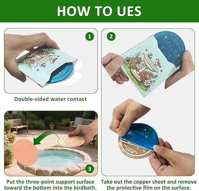 Bird Bath Copper Disk, 0.6mm Thick 99.99% Pure Copper Purification Disk with Triple-Point Support, Safe Physical Cleaning for Outdoor Birdbaths, Bowls, All-Season Universal Fit