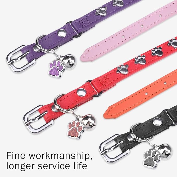 SCENEREAL Leather Cat Collar with Bell and Rivet, Personalized Stud Pet Collars with Safety Elastic Belt and Cute Paw Charm, Adjustable Soft Kitten Puppy Accessories for Boys Girls Cats, Black