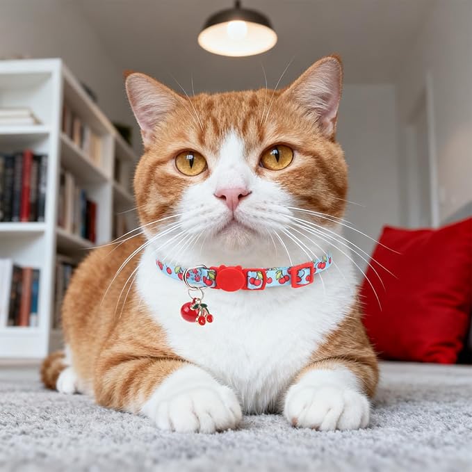 Breakaway Cat Collars with Bell & Cute Pendants, 3 Pack Safety Buckle Kitten Collars, Adjustable Pet Collar Ideal for Girl Boy Cats Puppy (Style A - New Fruit)