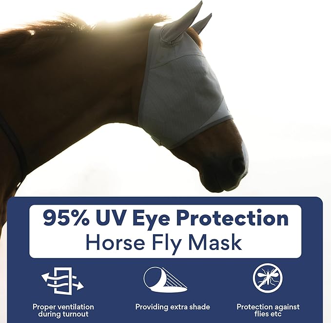 Horse Fly Mask with Ears - Built-in Visor - Breathable, Lightweight Mask - 95% UV Eye Protection - Adjustable Fit for Comfort Horse Medium/Large Size
