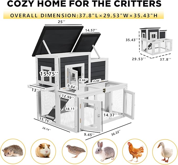 Outdoor Rabbit Hutch, Bunny Cage, Chicken Run Coop Wooden Quail Cage Duck Coop with Ventilating Wire Poultry House for Small Animals (Gray+Black)