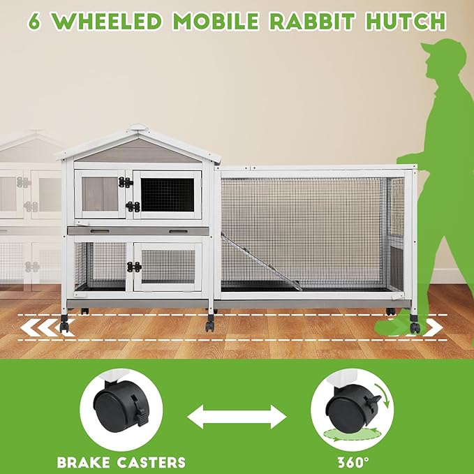 60” Large Rabbit Hutch Outdoor with 6 Wheels, Wooden Expandable 2 Story Indoor Rabbit Cage Bunny House with Run, Waterproof Roof, 3 Pull Out Trays, Guinea Pig Cage for Small to Medium Pets