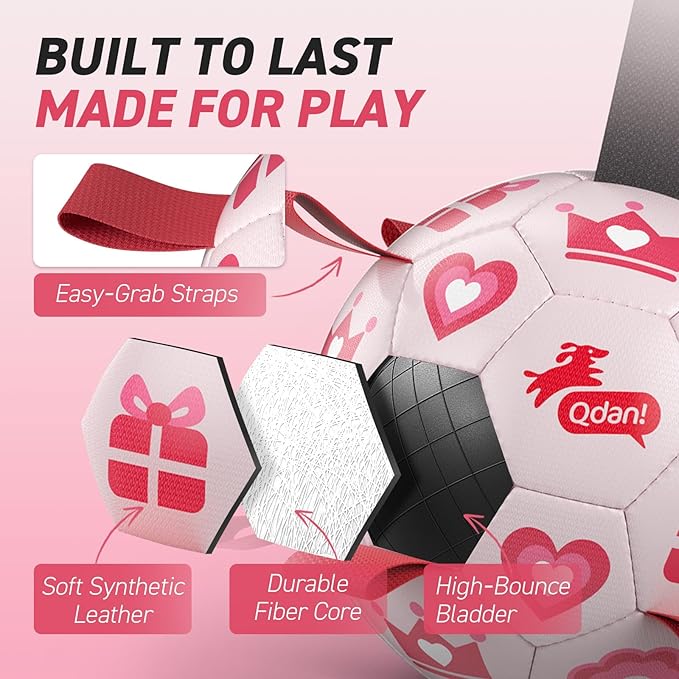 QDAN Valentines Gift Dog Toys, Pink Soccer Ball with Straps, Interactive Tug of War Toy, Puppy Birthday Gifts, Water Toy, Durable Dog Balls for Medium Large (8 Inch)
