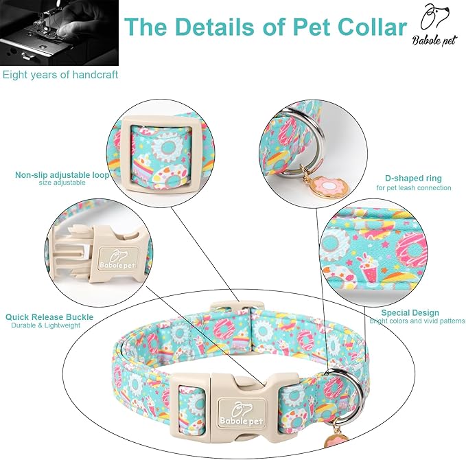 Adjustable Summer Dog Collar, Cute Mint Dessert Dog Collars for Medium Dogs, Lightweight Quick-Release Buckle Collar for Boy&Girl Dogs M